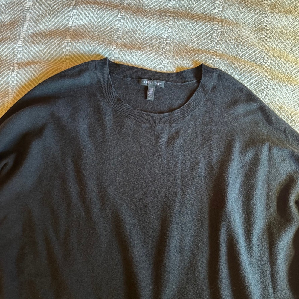 Eileen Fisher Black Wool Blend Oversized High Low Sweater Italian Yarn Large - Picture 5 of 9